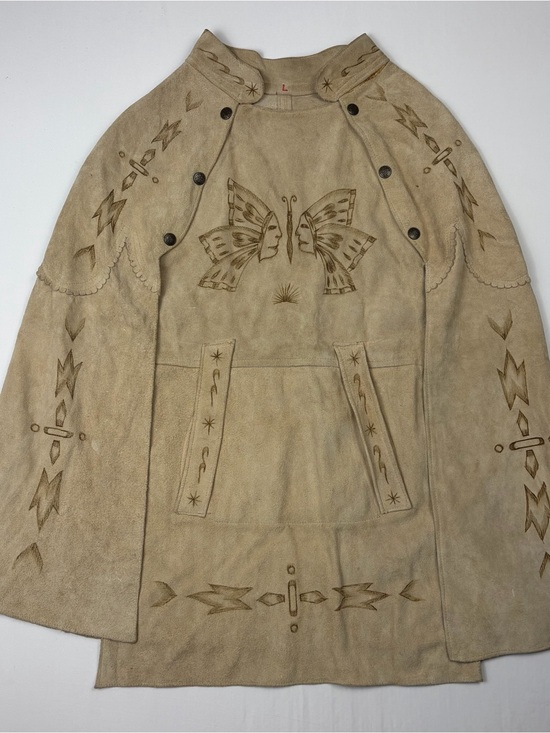 Jackets & Blazers - VTG 70s Mexican Suede Leather Butterfly Face Cape Poncho Boho Western